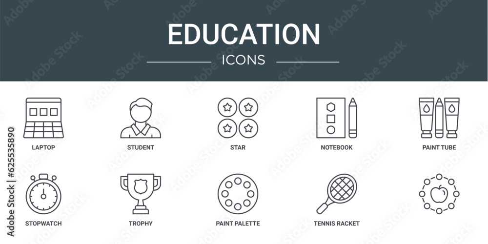 set of 10 outline web education icons such as laptop, student, star, notebook, paint tube, stopwatch, trophy vector icons for report, presentation, diagram, web design, mobile app