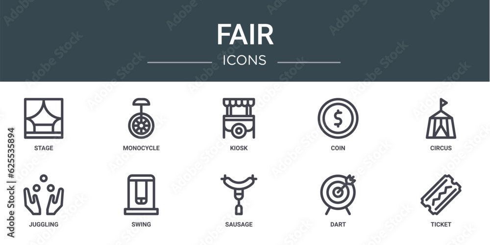set of 10 outline web fair icons such as stage, monocycle, kiosk, coin, circus, juggling, swing vector icons for report, presentation, diagram, web design, mobile app