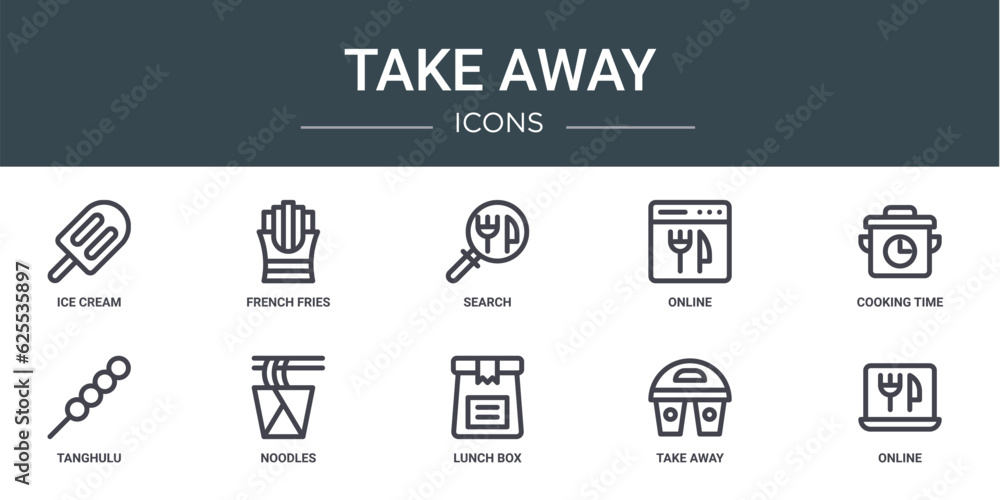 set of 10 outline web take away icons such as ice cream, french fries, search, online, cooking time, tanghulu, noodles vector icons for report, presentation, diagram, web design, mobile app