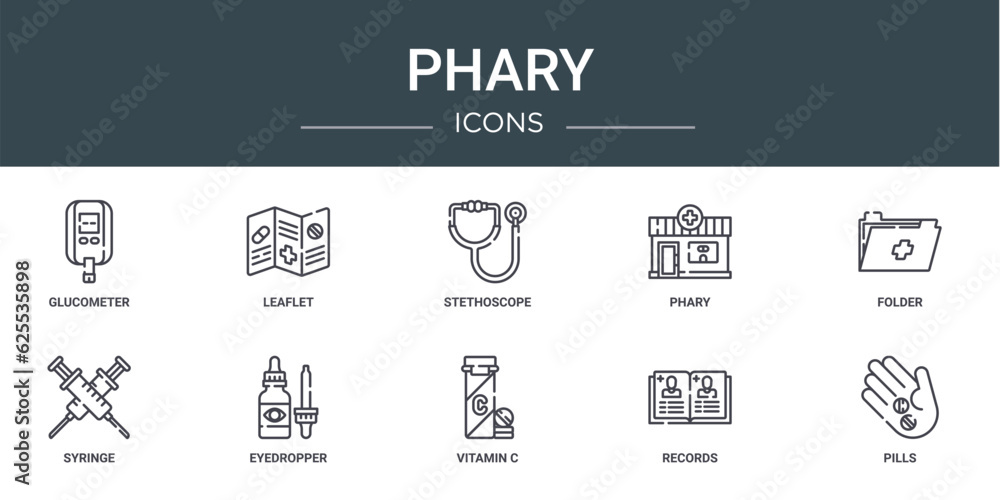 set of 10 outline web phary icons such as glucometer, leaflet, stethoscope, phary, folder, syringe, eyedropper vector icons for report, presentation, diagram, web design, mobile app