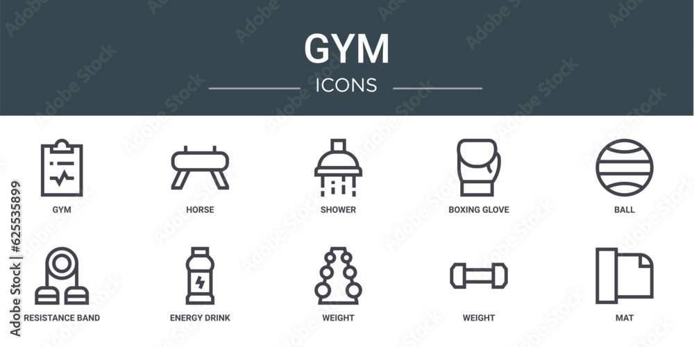 set of 10 outline web gym icons such as gym, horse, shower, boxing glove, ball, resistance band, energy drink vector icons for report, presentation, diagram, web design, mobile app