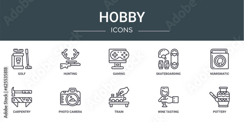 set of 10 outline web hobby icons such as golf, hunting, gaming, skateboarding, numismatic, carpentry, photo camera vector icons for report, presentation, diagram, web design, mobile app