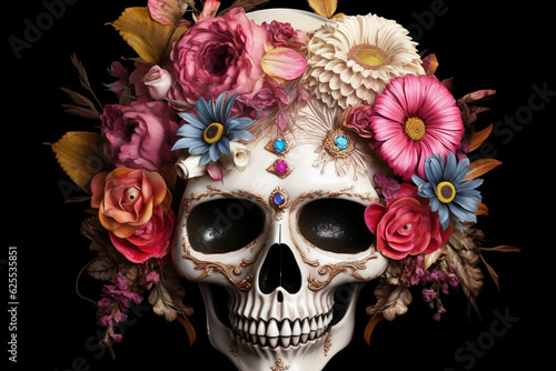 skull decorated with flowers Halloween coral. generative ai © allasimacheva