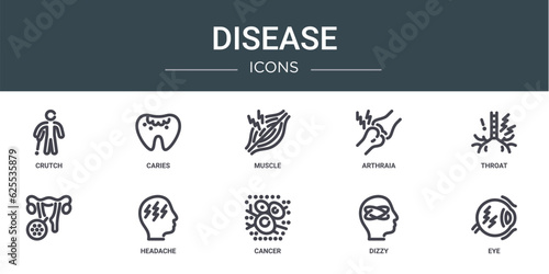 set of 10 outline web disease icons such as crutch, caries, muscle, arthraia, throat, , headache vector icons for report, presentation, diagram, web design, mobile app