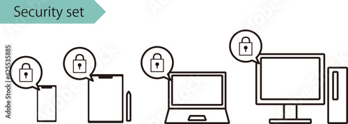 セキュリティがしっかりしているデバイス機器のイメージイラスト（スマホ・タブレット・ノートパソコン・デスクトップPCセット）