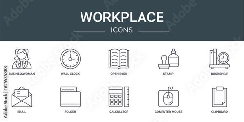 set of 10 outline web workplace icons such as businesswoman, wall clock, open book, stamp, bookshelf, email, folder vector icons for report, presentation, diagram, web design, mobile app
