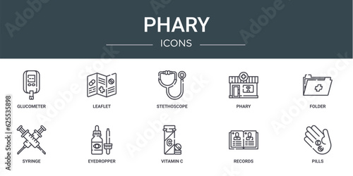 set of 10 outline web phary icons such as glucometer, leaflet, stethoscope, phary, folder, syringe, eyedropper vector icons for report, presentation, diagram, web design, mobile app
