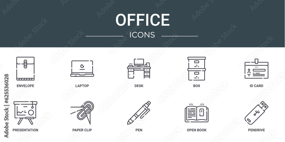 set of 10 outline web office icons such as envelope, laptop, desk, box, id card, presentation, paper clip vector icons for report, presentation, diagram, web design, mobile app