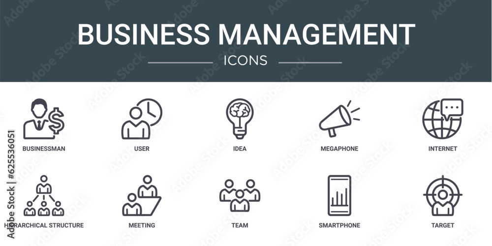 set of 10 outline web business management icons such as businessman, user, idea, megaphone, internet, hierarchical structure, meeting vector icons for report, presentation, diagram, web design,
