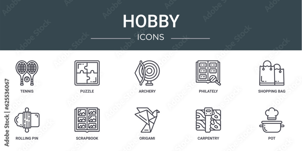 set of 10 outline web hobby icons such as tennis, puzzle, archery, philately, shopping bag, rolling pin, scrapbook vector icons for report, presentation, diagram, web design, mobile app set of 10 outline web hobby icons such as tennis, puzzle, archery, philately, shopping bag, rolling pin, scrapbook vector icons for report, presentation, diagram, web design, mobile app