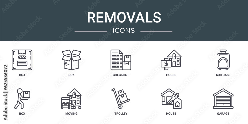 set of 10 outline web removals icons such as box, box, checklist, house, suitcase, box, moving vector icons for report, presentation, diagram, web design, mobile app