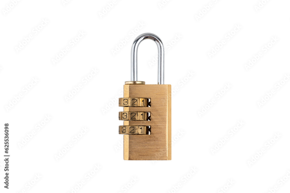 Lock for doors on a white background. Golden color padlock closeup isolated on white background. Lock for doors on a white background. Golden color padlock closeup isolated on white background.
