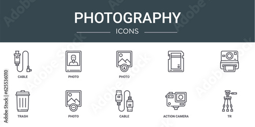 set of 10 outline web photography icons such as cable, photo, photo, , trash, photo vector icons for report, presentation, diagram, web design, mobile © MacroOne