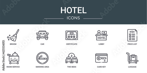 set of 10 outline web hotel icons such as broom, car, certificate, lobby, price list, room service, smoking area vector icons for report, presentation, diagram, web design, mobile app