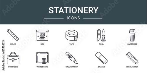 set of 10 outline web stationery icons such as ruler, box, tape, tool, cartridge, portfolio, whiteboard vector icons for report, presentation, diagram, web design, mobile app