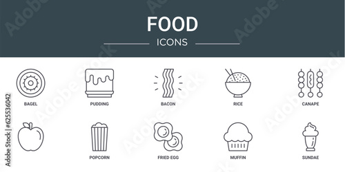 set of 10 outline web food icons such as bagel, pudding, bacon, rice, canape, , popcorn vector icons for report, presentation, diagram, web design, mobile app