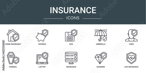 set of 10 outline web insurance icons such as home insurance, savings, box, umbrella, user, funeral, laptop vector icons for report, presentation, diagram, web design, mobile app
