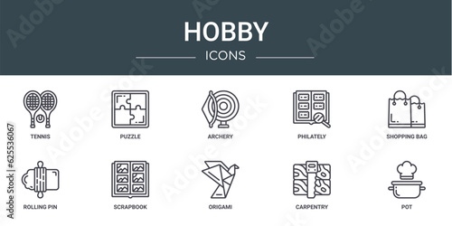 set of 10 outline web hobby icons such as tennis, puzzle, archery, philately, shopping bag, rolling pin, scrapbook vector icons for report, presentation, diagram, web design, mobile app