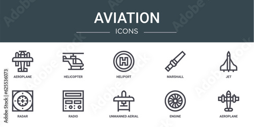 set of 10 outline web aviation icons such as aeroplane, helicopter, heliport, marshall, jet, radar, radio vector icons for report, presentation, diagram, web design, mobile app