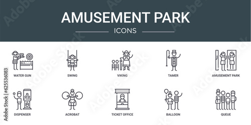 set of 10 outline web amusement park icons such as water gun, swing, viking, tamer, amusement park, dispenser, acrobat vector icons for report, presentation, diagram, web design, mobile app