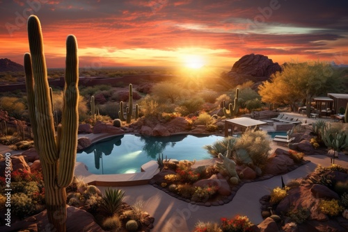 Arizona resort featuring cacti and stunning sunsets. photo
