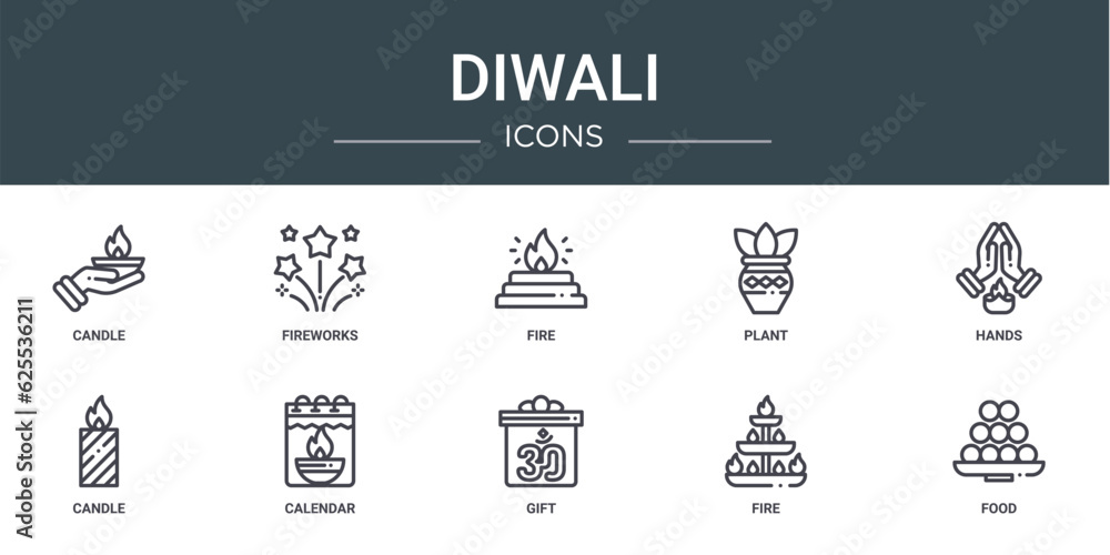 set of 10 outline web diwali icons such as candle, fireworks, fire, plant, hands, candle, calendar vector icons for report, presentation, diagram, web design, mobile app