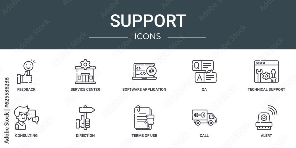set of 10 outline web support icons such as feedback, service center, software application, qa, technical support, consulting, direction vector icons for report, presentation, diagram, web design,