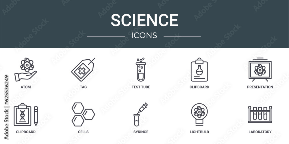 set of 10 outline web science icons such as atom, tag, test tube, clipboard, presentation, clipboard, cells vector icons for report, presentation, diagram, web design, mobile app