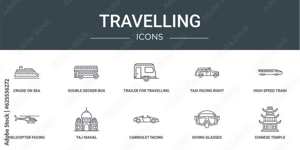 set of 10 outline web travelling icons such as cruise on sea, double decker bus, trailer for travelling, taxi facing right, high speed train, helicopter facing right, taj mahal vector icons for