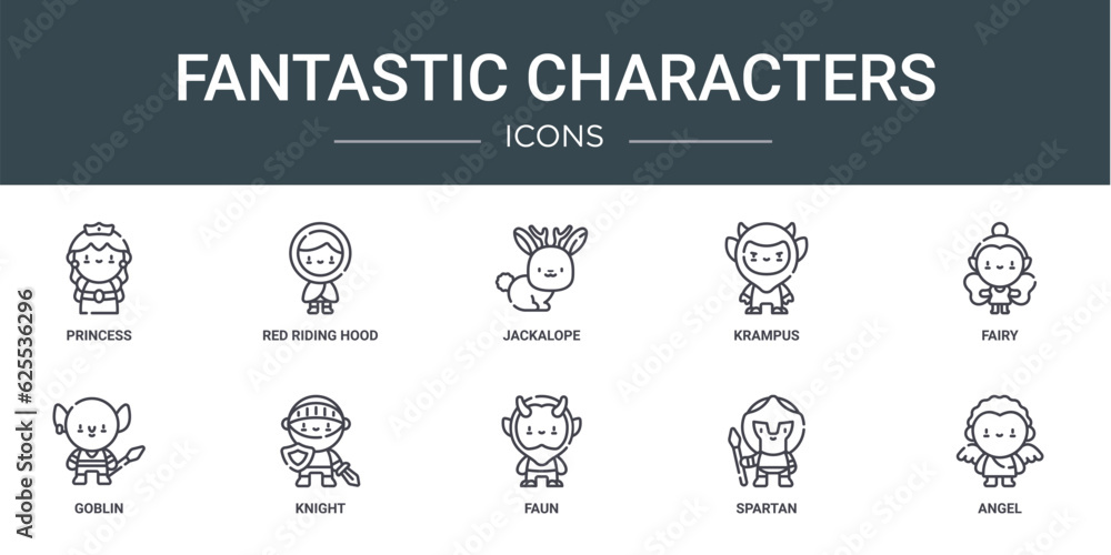 set of 10 outline web fantastic characters icons such as princess, red riding hood, jackalope, krampus, fairy, goblin, knight vector icons for report, presentation, diagram, web design, mobile app