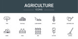 set of 10 outline web agriculture icons such as tree, hay bale, lawn mower, wheat, watering can, barn, milk vector icons for report, presentation, diagram, web design, mobile app