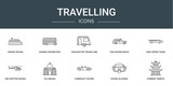 set of 10 outline web travelling icons such as cruise on sea, double decker bus, trailer for travelling, taxi facing right, high speed train, helicopter facing right, taj mahal vector icons for