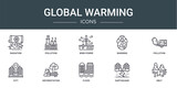 set of 10 outline web global warming icons such as radiation, pollution, wind power, warming, pollution, city, deforestation vector icons for report, presentation, diagram, web design, mobile app