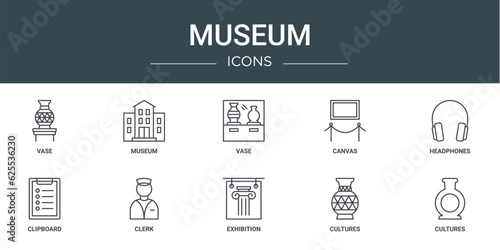 set of 10 outline web museum icons such as vase, museum, vase, canvas, headphones, clipboard, clerk vector icons for report, presentation, diagram, web design, mobile app