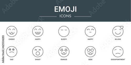 set of 10 outline web emoji icons such as cheeky, happy, sleepy, happy, in love, sad, shout vector icons for report, presentation, diagram, web design, mobile app