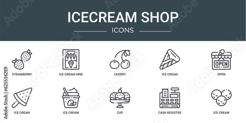set of 10 outline web icecream shop icons such as strawberry, ice cream hine, cherry, ice cream, open, ice cream, vector icons for report, presentation, diagram, web design, mobile app