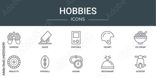set of 10 outline web hobbies icons such as gamepad, sauce, portable, helmet, ice cream, roulette, football vector icons for report, presentation, diagram, web design, mobile app