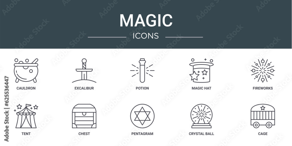 set of 10 outline web magic icons such as cauldron, excalibur, potion, magic hat, fireworks, tent, chest vector icons for report, presentation, diagram, web design, mobile app