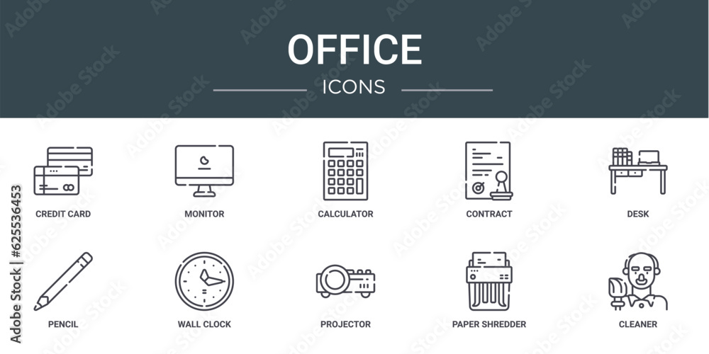 set of 10 outline web office icons such as credit card, monitor, calculator, contract, desk, pencil, wall clock vector icons for report, presentation, diagram, web design, mobile app
