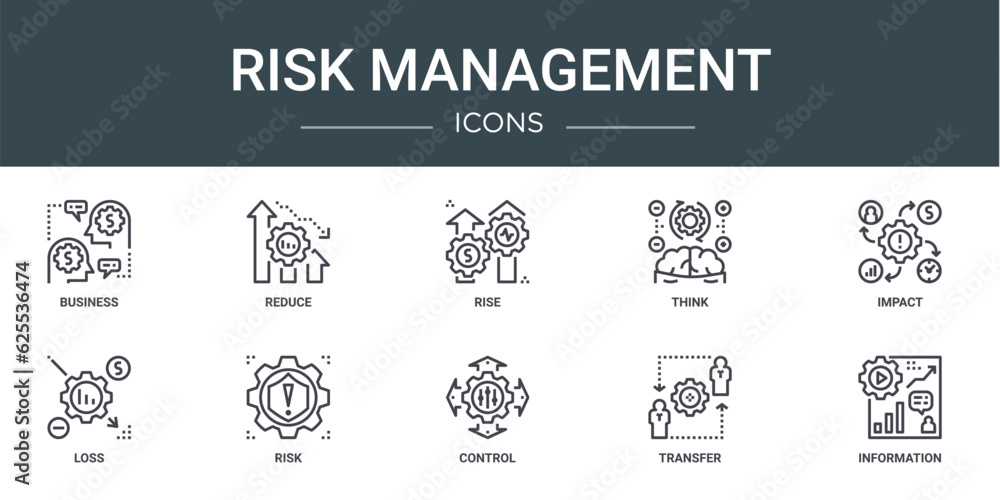 set of 10 outline web risk management icons such as business, reduce, rise, think, impact, loss, risk vector icons for report, presentation, diagram, web design, mobile app