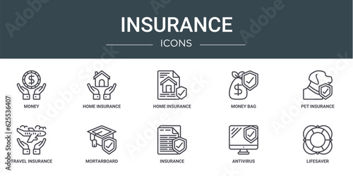 set of 10 outline web insurance icons such as money, home insurance, home insurance, money bag, pet travel mortarboard vector icons for report, presentation, diagram, web design, mobile app