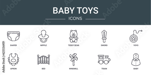 set of 10 outline web baby toys icons such as diaper, nipple, teddy bear, sword, yoyo, apron, bed vector icons for report, presentation, diagram, web design, mobile app