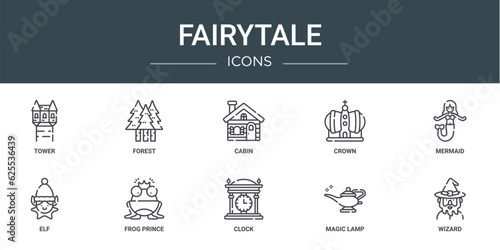 set of 10 outline web fairytale icons such as tower  forest  cabin  crown  mermaid  elf  frog prince vector icons for report  presentation  diagram  web design  mobile app