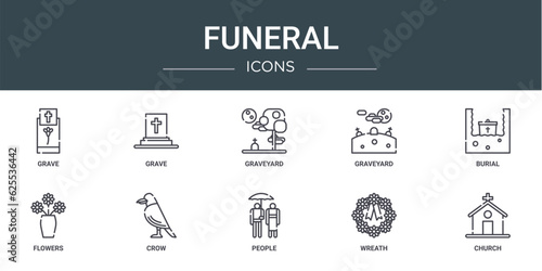 set of 10 outline web funeral icons such as grave, grave, graveyard, graveyard, burial, flowers, crow vector icons for report, presentation, diagram, web design, mobile app