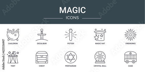 set of 10 outline web magic icons such as cauldron, excalibur, potion, magic hat, fireworks, tent, chest vector icons for report, presentation, diagram, web design, mobile app