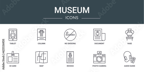 set of 10 outline web museum icons such as tablet, column, no smoking, document, vase, id card, map vector icons for report, presentation, diagram, web design, mobile app
