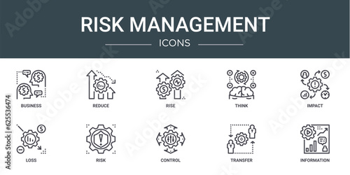 set of 10 outline web risk management icons such as business, reduce, rise, think, impact, loss, risk vector icons for report, presentation, diagram, web design, mobile app