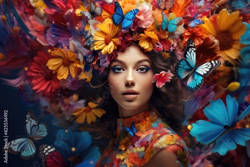 Woman with multicolored fmandala flowers and butterfly in hair, created with generative ai