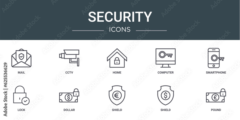 set of 10 outline web security icons such as mail, cctv, home, computer, smartphone, lock, dollar vector icons for report, presentation, diagram, web design, mobile app