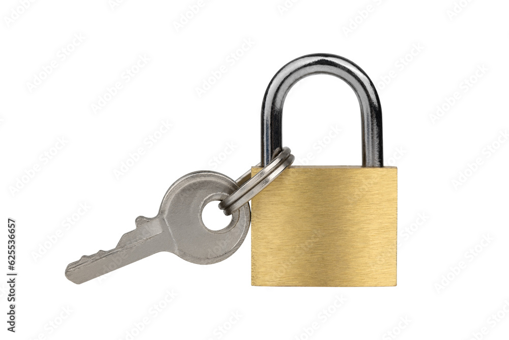 Lock for doors on a white background. Golden color padlock closeup isolated on white background. Lock for doors on a white background. Golden color padlock closeup isolated on white background.